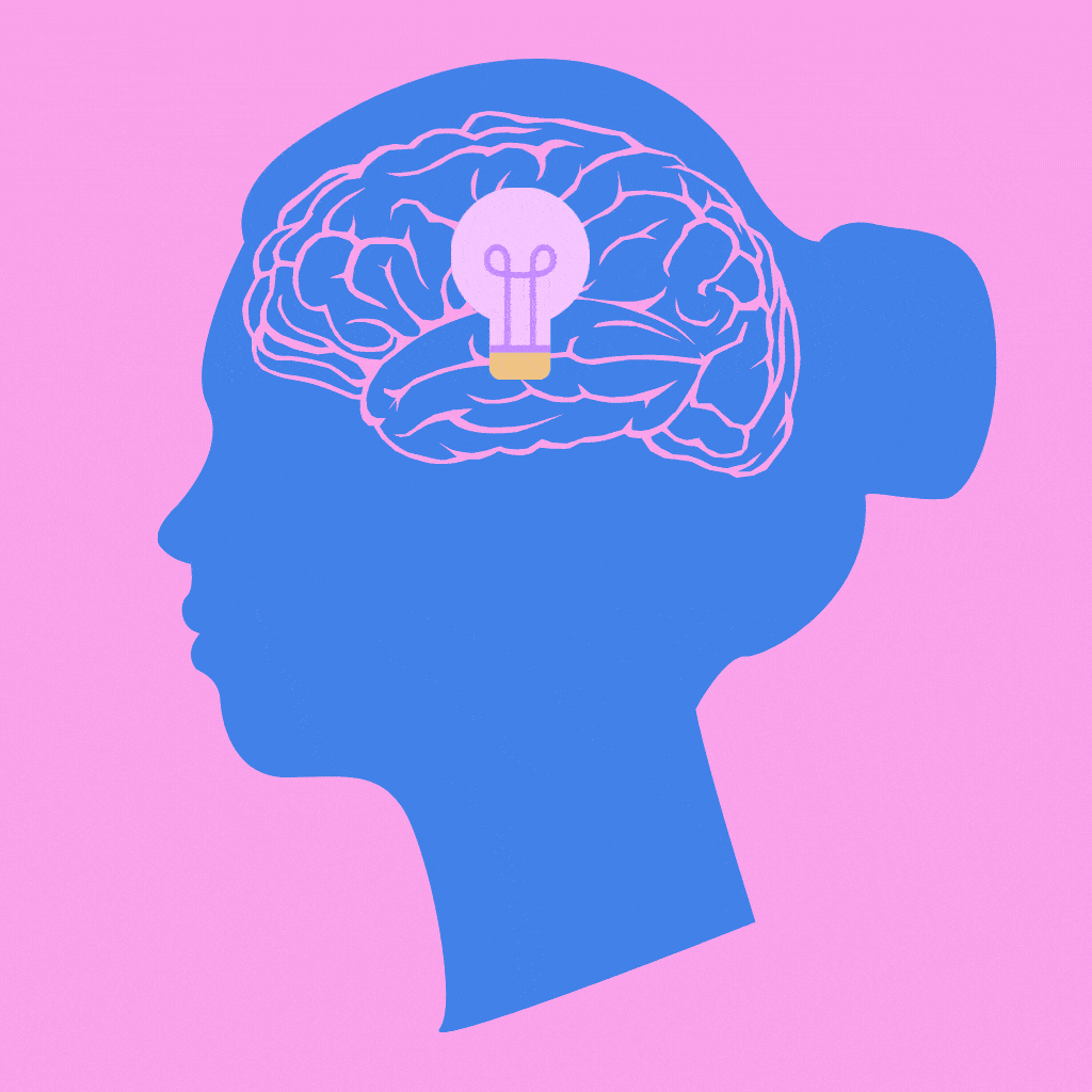 graphic of a woman with a brain with a lightbulb inside that is flickering with brilliant ideas loudbird digital marketing and branding why choose loudbird our process