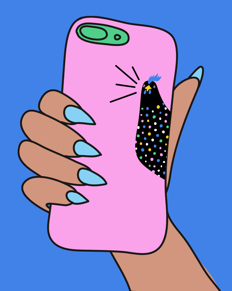 woman with long nails holding smartphone with loudbird marketing logo on the case illustration