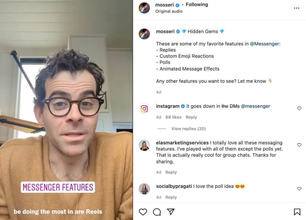 adam mosseri of instagram tells his followers that instagram messenger and instagram reels will be an important focus in 2022