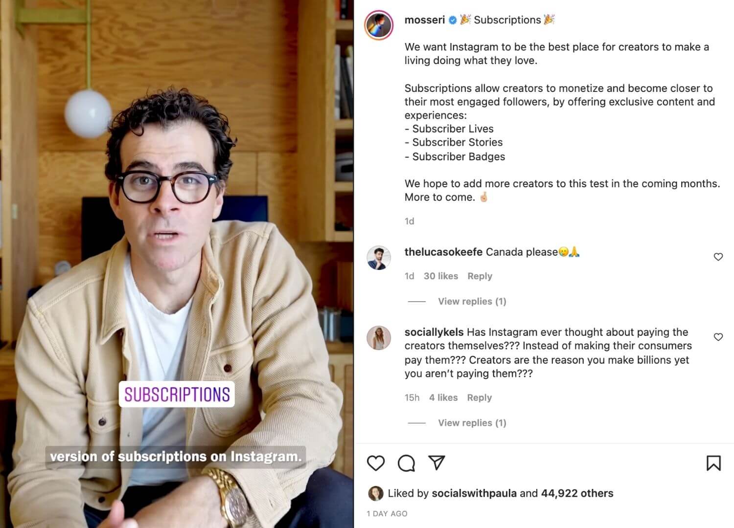 @mosseri on Instagram subscriptions for creators on instagram updates and news 2022