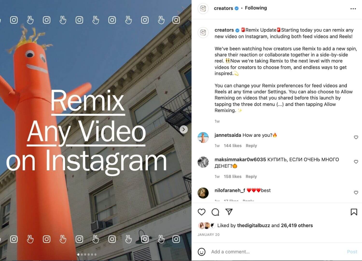 @creators on Instagram post announcing that all Instagram video can now be remixed Instagram Remix