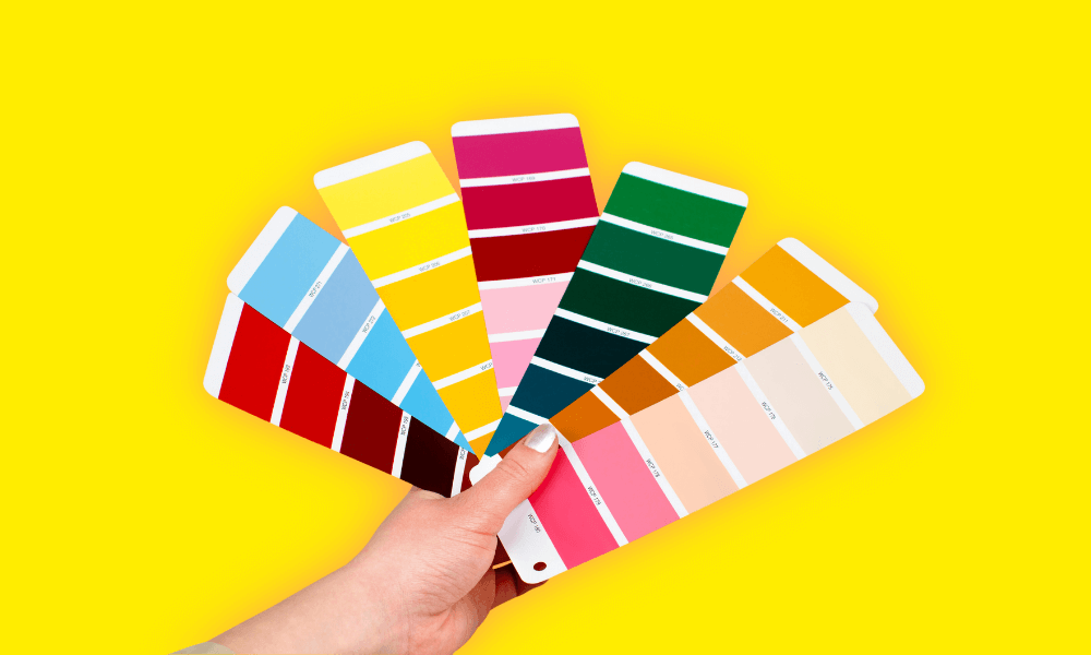 woman's hand displaying a selection of color palette cards women-owned branding examples for fempreneurs